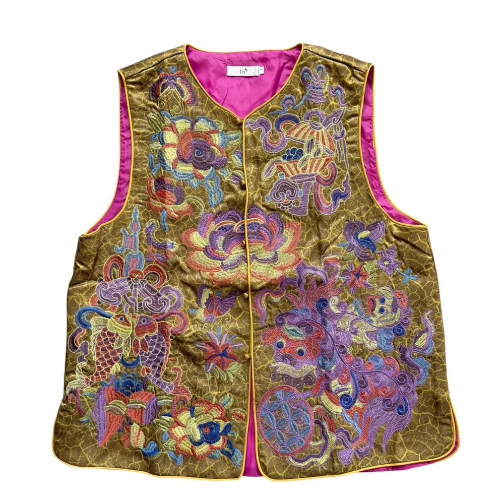 IH Gold Embroidered Floral Mythical Motif Vest Fuchsia Lining Size 3 Womens